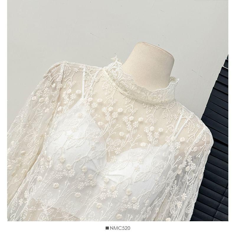 Stand-Collar Embroidery Sheer Lace Top Product Image