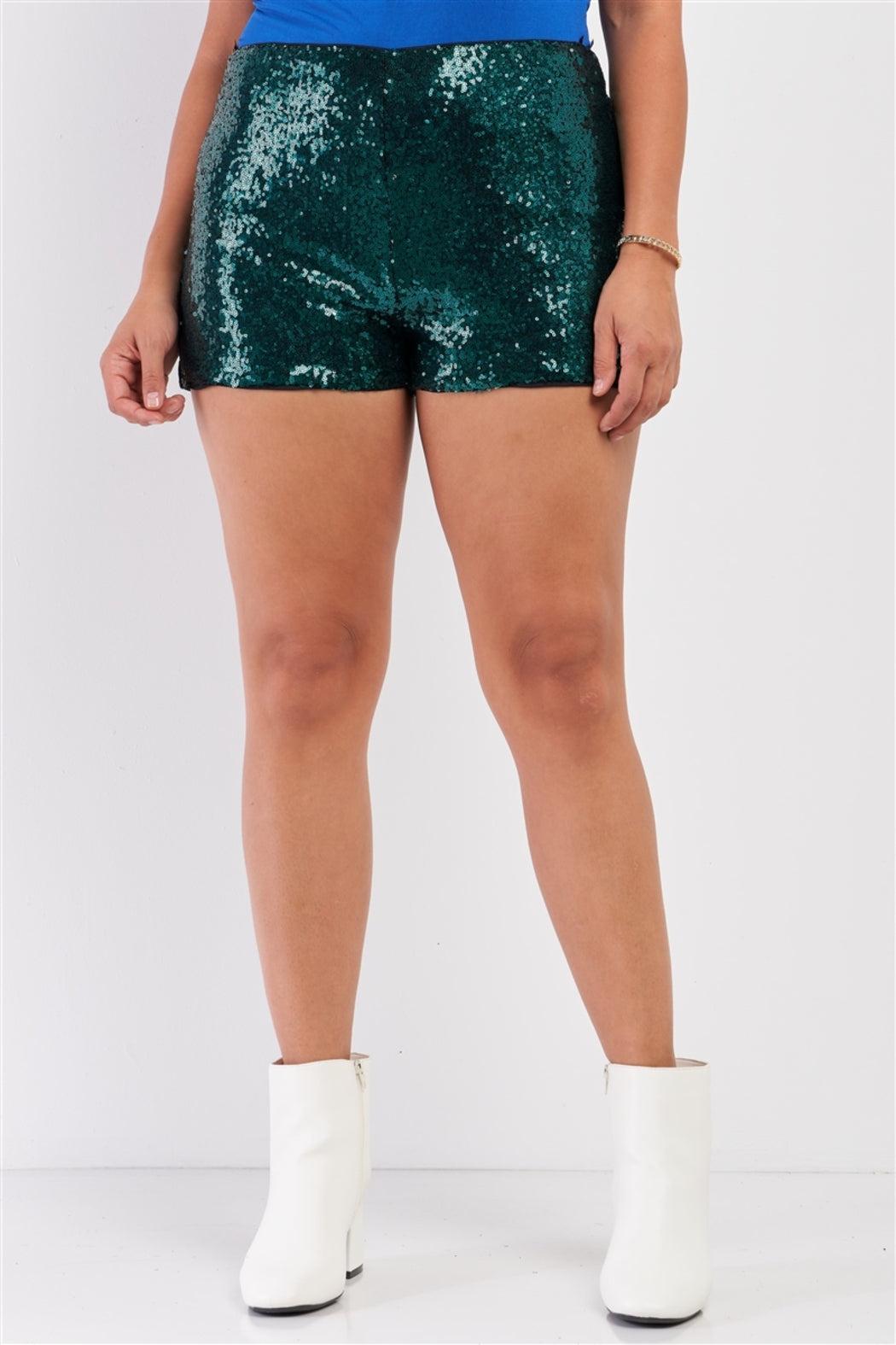 Plus Size Shiny Sequin High Waisted Mini Shorts Product Image