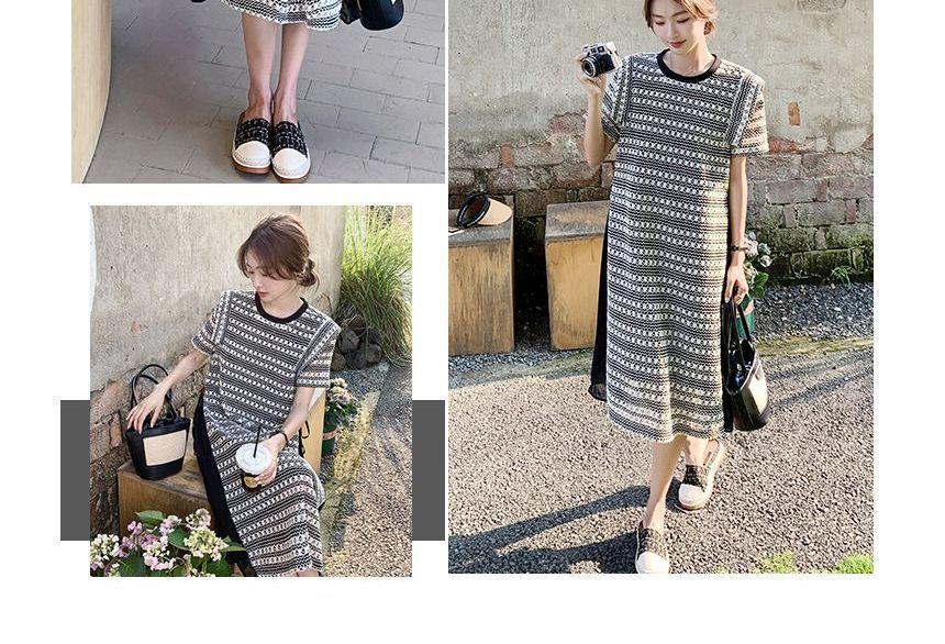 Short-Sleeve Crew Neck Patterned Knit Midi Shift Dress Product Image