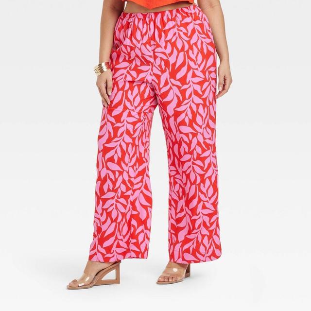 Womens Mid-Rise Pull-On Pants - A New Day /Red Leaf Print 1X Product Image