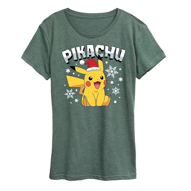 Missy Pokemon Pikachu With Santa Hat Graphic Tee, Womens Grey Blue Product Image