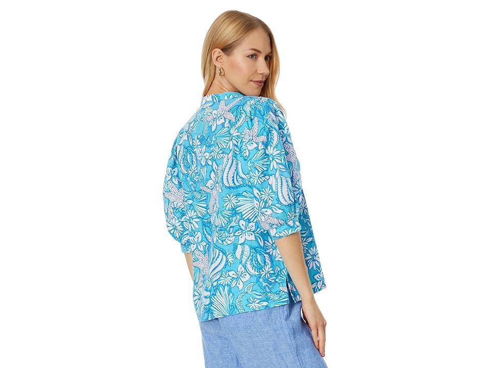 Lilly Pulitzer Mialeigh Elbow Sleeve Linen Top (Amalfi Sound The Sirens) Women's Clothing Product Image