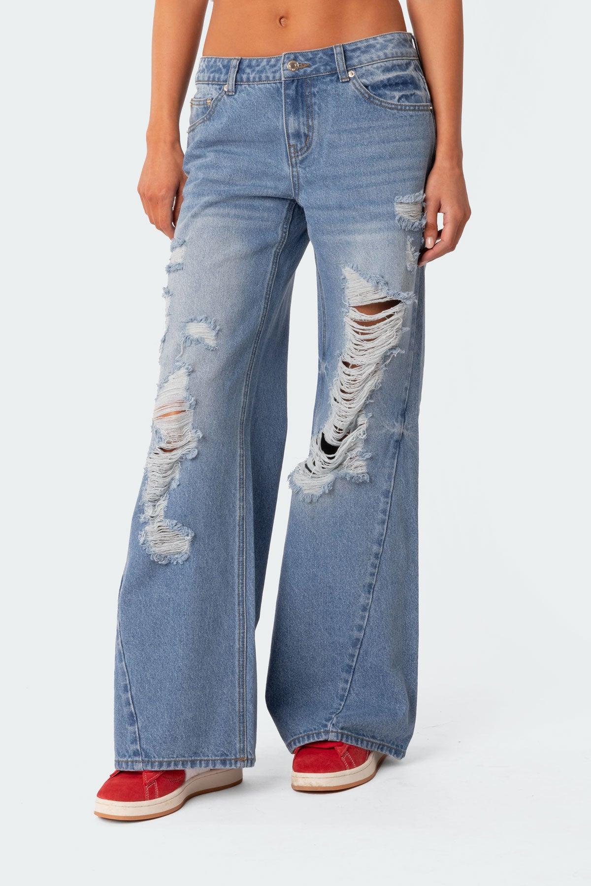 Low Rise Distressed Wide Leg Jeans Product Image