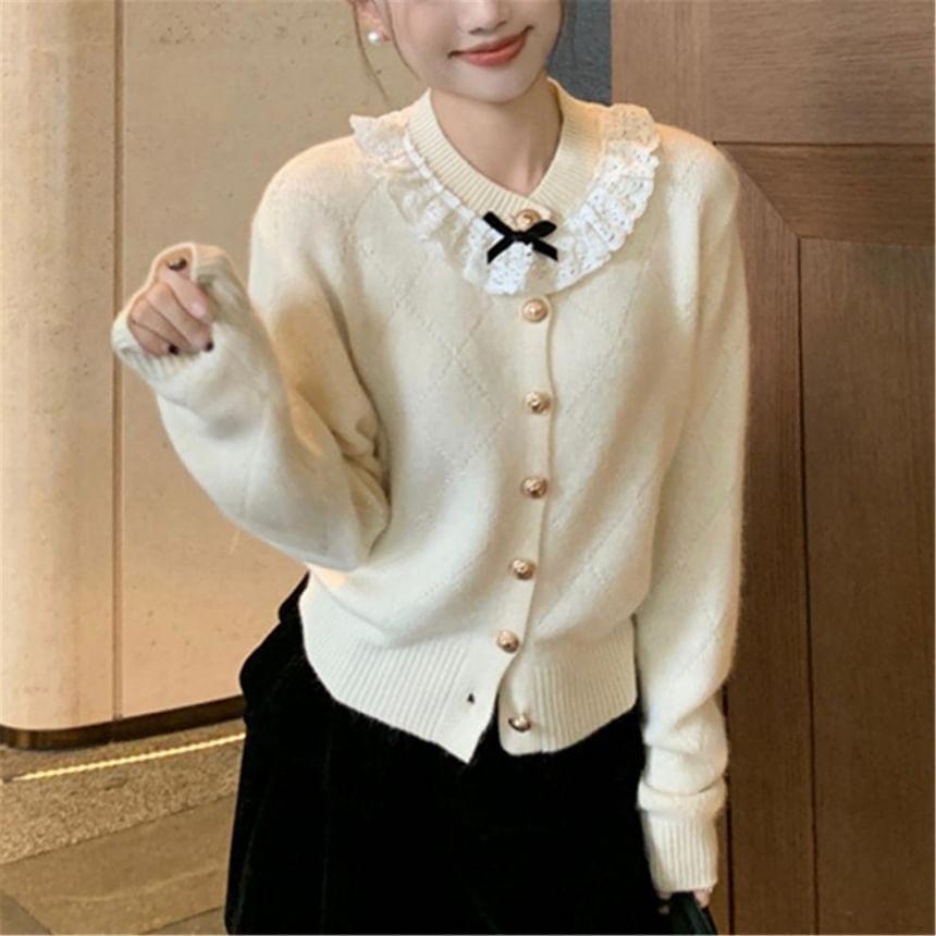 Round Neck Bow Lace Trim Cardigan Product Image