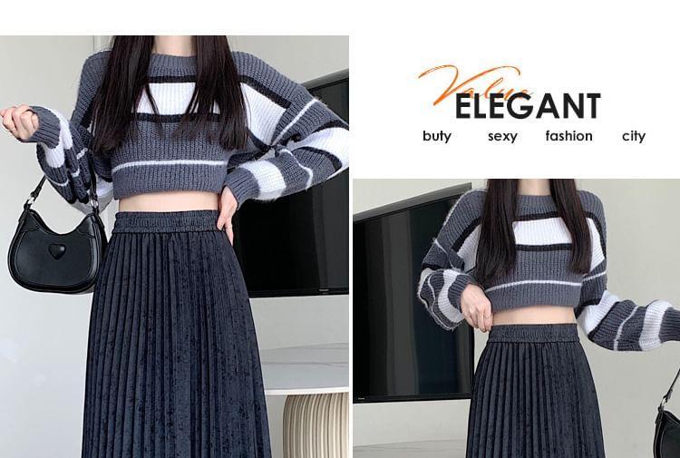 High Waist Plain Accordion Pleated Maxi A-Line Skirt Product Image