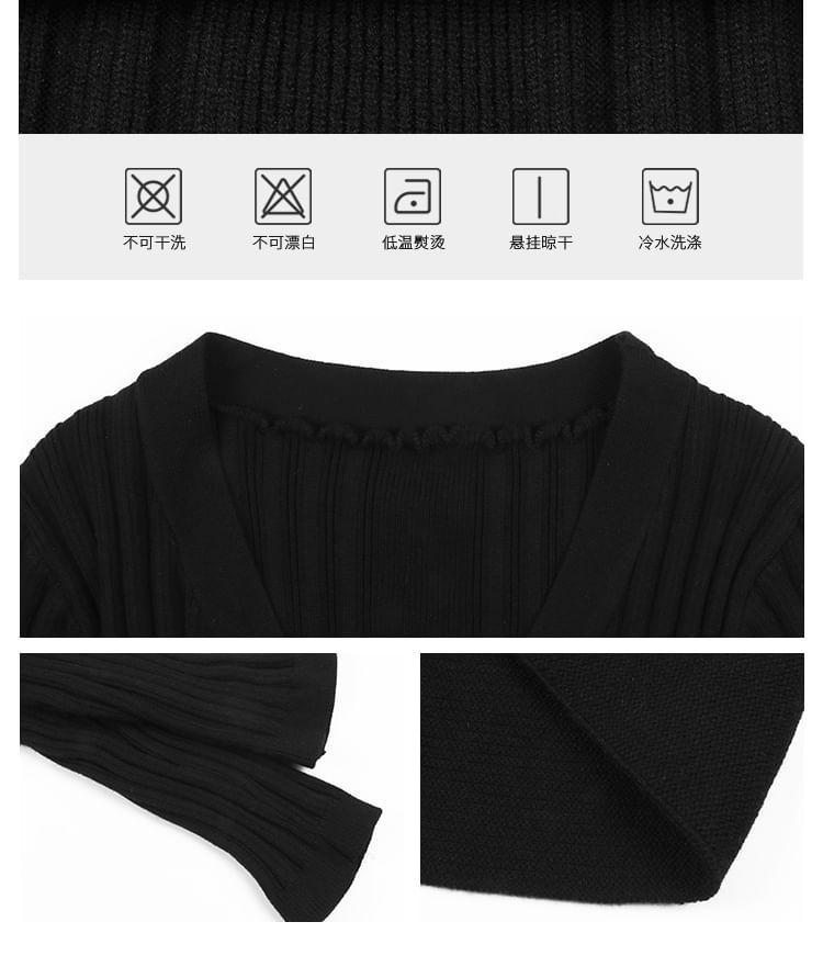 Long-Sleeve V-Neck Plain Button Mini A-Line Knit Dress Product Image