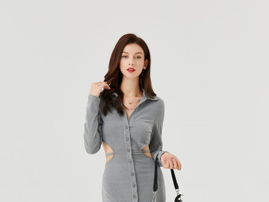 Long-Sleeve Cutout Ribbed Midi Dress Product Image