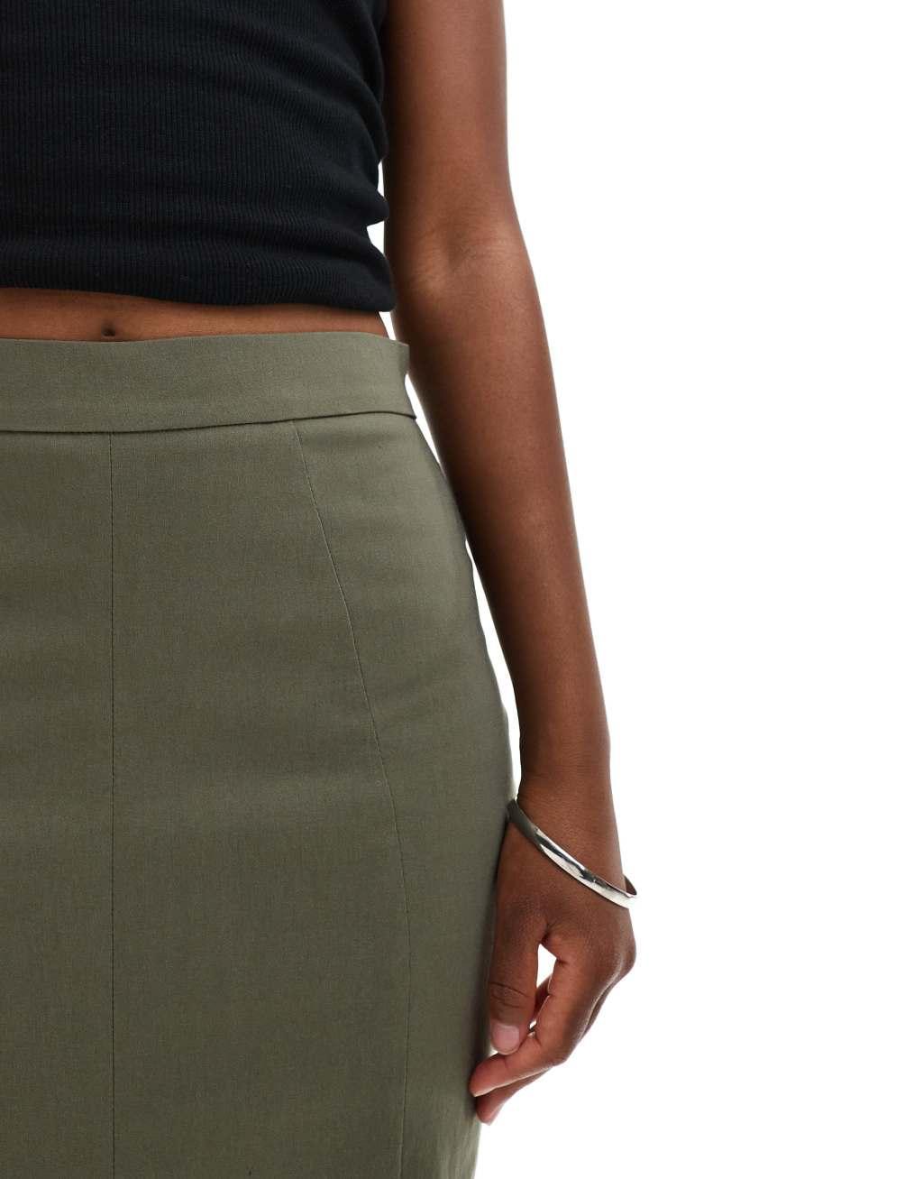 ASOS DESIGN midi skirt with front split in khaki Product Image