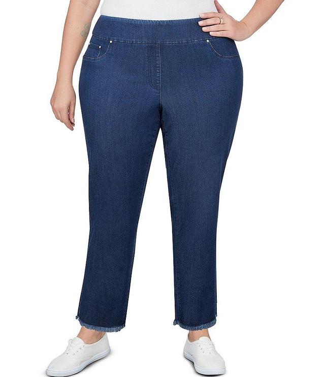 Ruby Rd. Plus Size Stretch Silky Denim Frayed Hem Pull-On Ankle Jeans Product Image