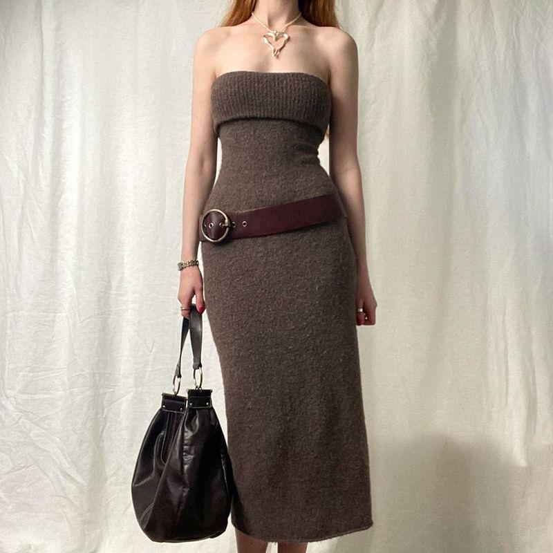 Plain Knit Midi Sheath Tube Dress Product Image