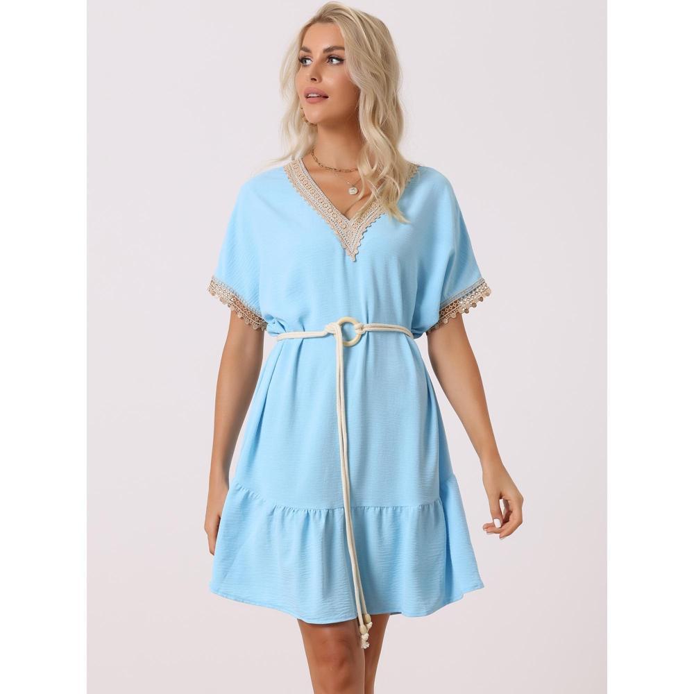 Allegra K Women's Summer Casual V-Neck Lace Short Sleeve Tie Waist Dress Light Blue Large Product Image