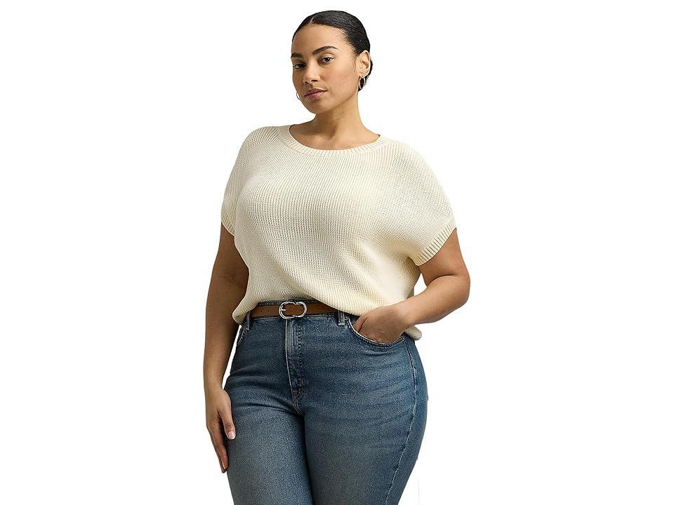 LAUREN Ralph Lauren Plus Size Rib-Knit Short-Sleeve Sweater (Mascarpone Cream) Women's Clothing Product Image