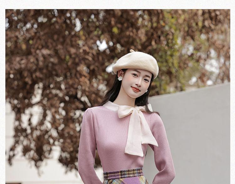 Set: Ribbon Neck Plain Sweater + High Waist Plaid Maxi A-Line Skirt Product Image