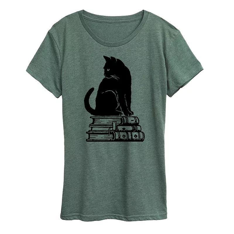 Womens Black Cat on Books Graphic Tee, Girls Grey Green Product Image