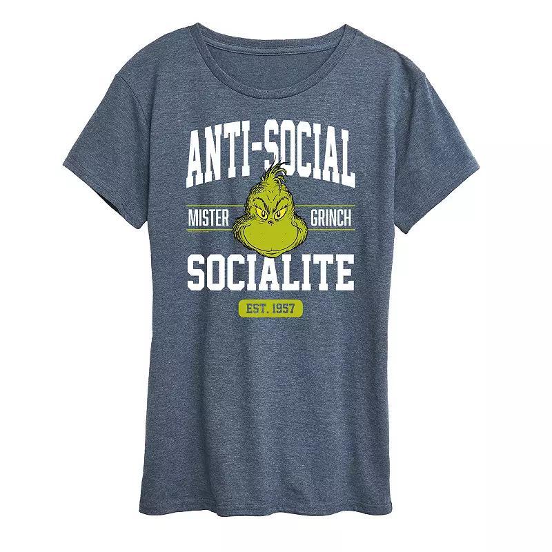 Womens Dr. Seuss The Grinch Anti Social Socialite Graphic Tee, Girls Grey Dark Red Product Image