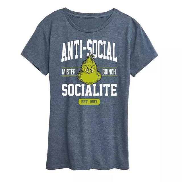 Womens Dr. Seuss The Grinch Anti Social Socialite Graphic Tee, Girls Grey Dark Red Product Image