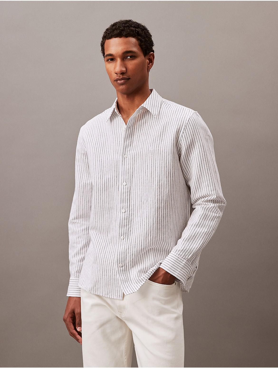 Calvin Klein Mens Striped Linen Blend Classic Button-Down Shirt - White - XS Product Image