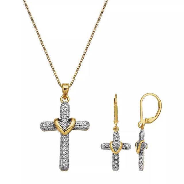 18K Gold Over Sterling Silver Diamond Accent Cross Earrings and Pendant Necklace Set, Womens Gold Tone Product Image