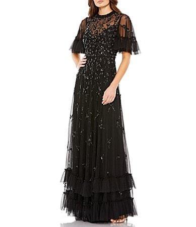 Mac Duggal Ruffled Floral Beaded Illusion Mock Neck Short Flutter Sleeve Gown Product Image