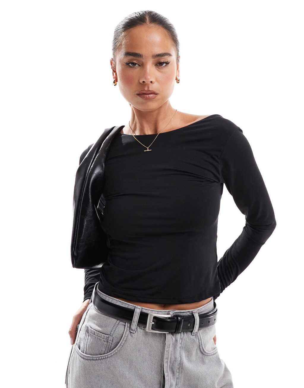 Stradivarius slash neck open back long sleeve top in black Product Image