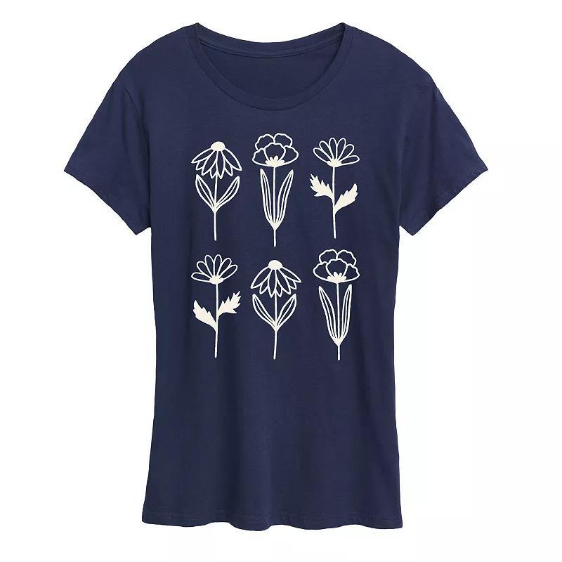 Womens Simple Line Drawn Flowers Graphic Tee Grey Blue Product Image