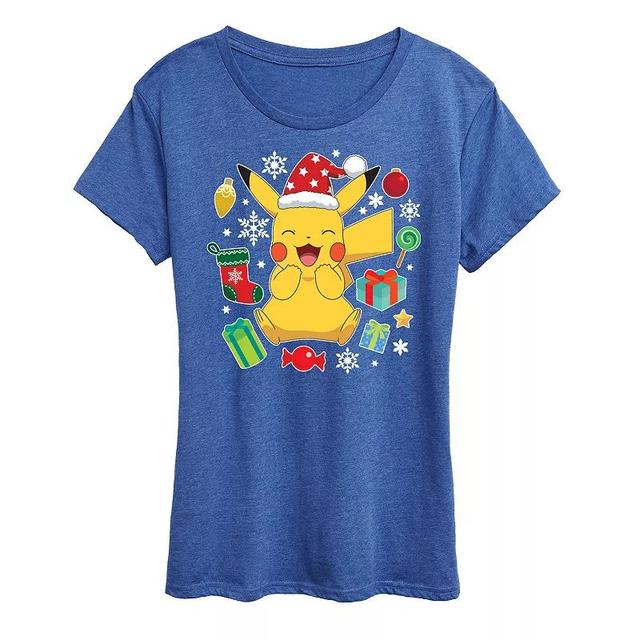 Missy Pokemon Pika Presents Graphic Tee, Womens Grey Royal Blue Product Image