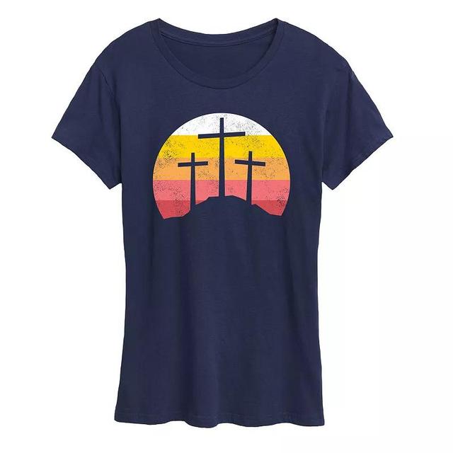 Womens Retro Sunset Three Crosses Graphic Tee Blue Product Image