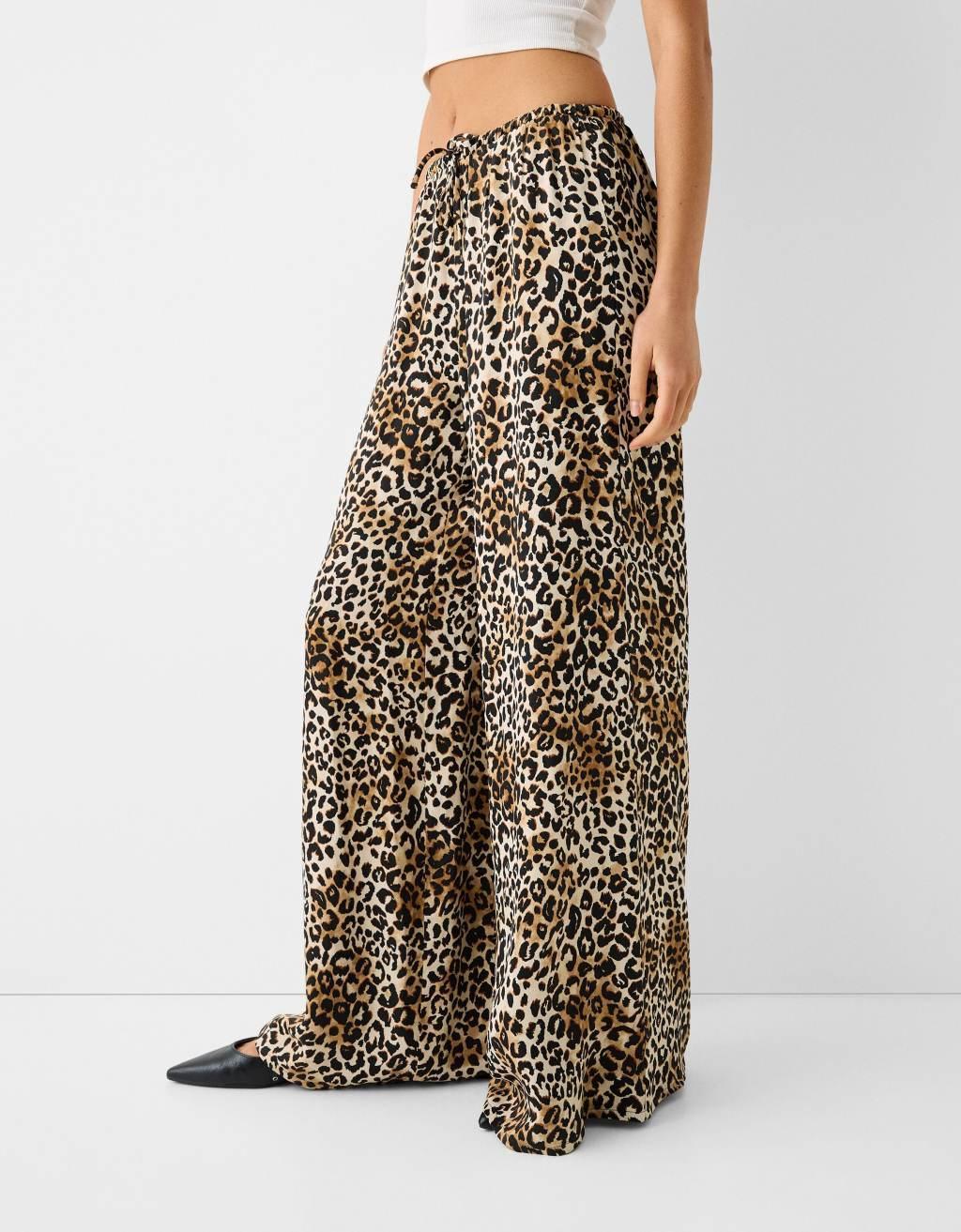 Bershka tie waist wide leg pants in leopard print Product Image