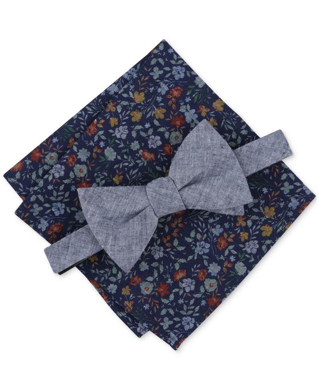 Bar Iii Mens Kanupp Solid Bow Tie & Floral Pocket Square Set, Created for Macys Product Image