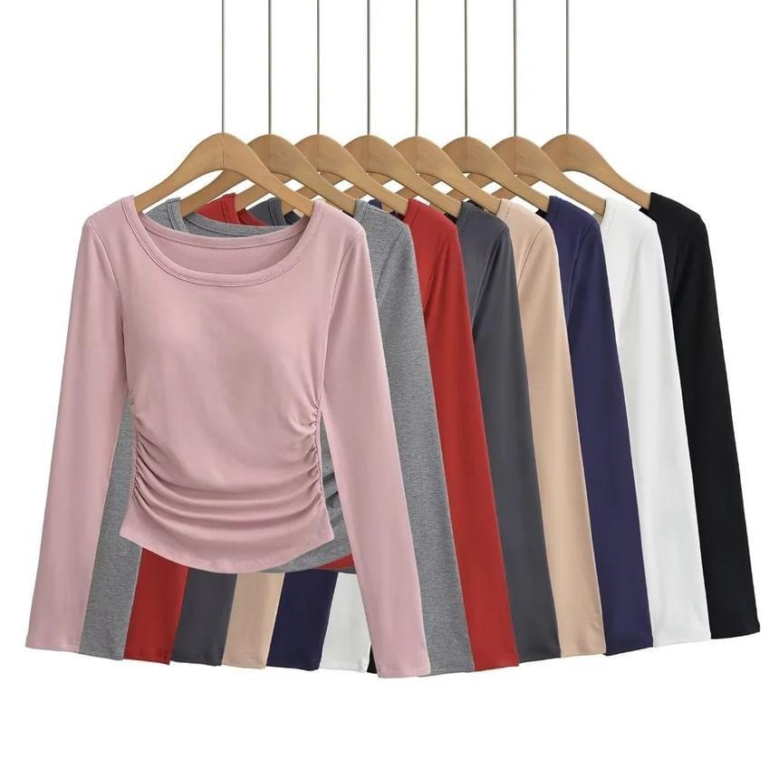 Long Sleeve Crew Neck Plain Ruched T-Shirt Product Image