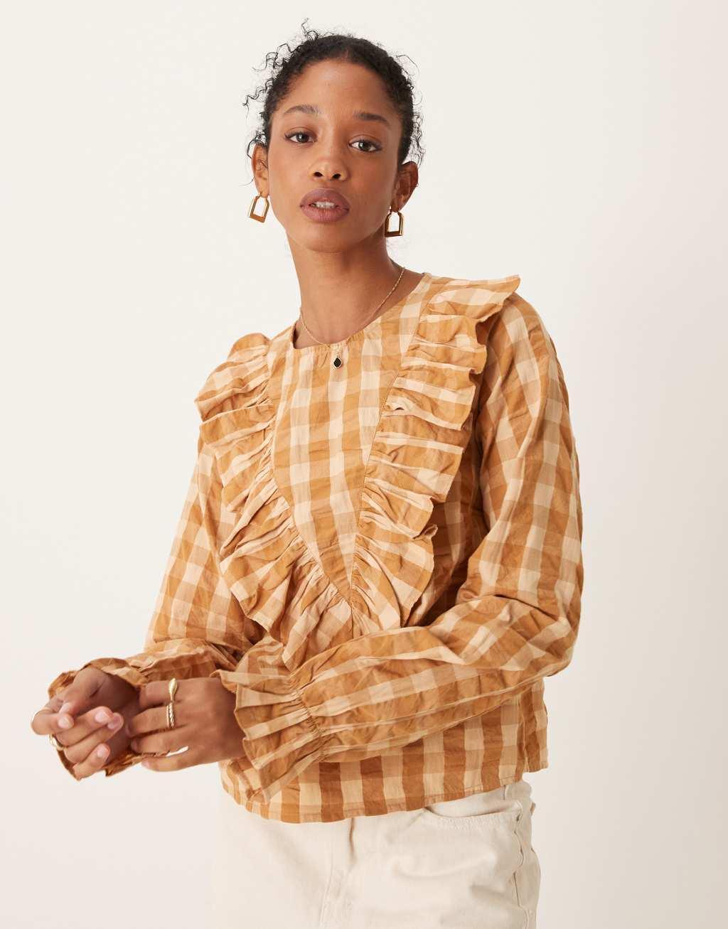 ASOS DESIGN long sleeve top with ruffle v detail in gingham Product Image