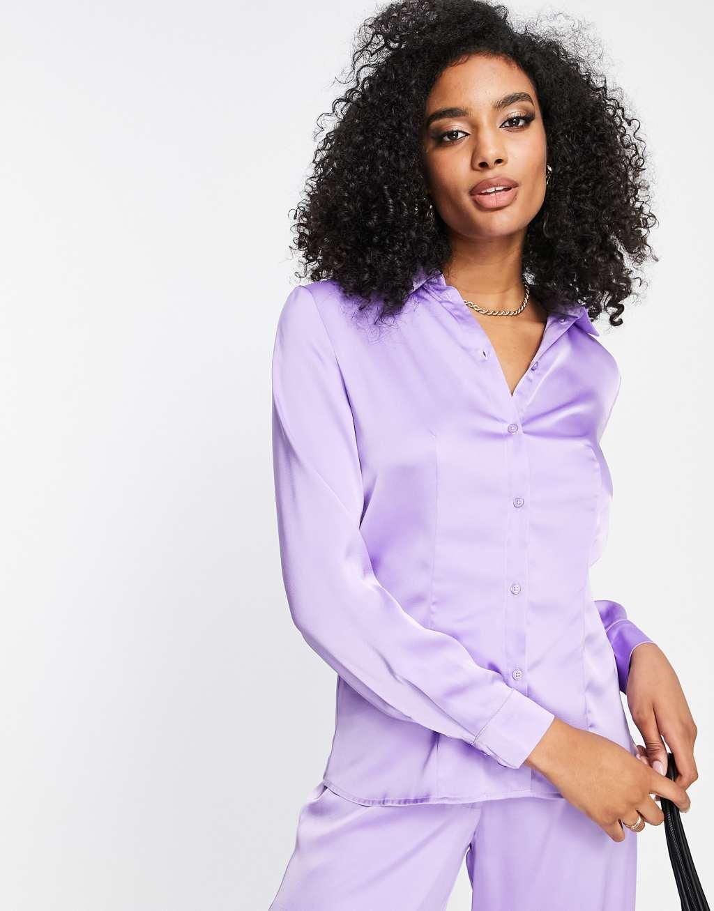 Vila exclusive fitted satin shirt in purple - part of a set Product Image