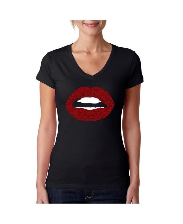 La Pop Art Womens V-Neck T-Shirt with Fabulous Lips Word Art Product Image