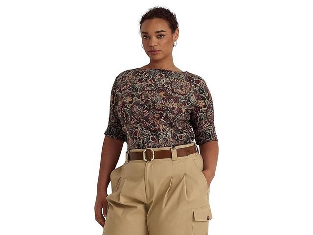 LAUREN Ralph Lauren Plus Size Floral Stretch Cotton Boatneck Top (Burgundy Multi) Women's Clothing Product Image