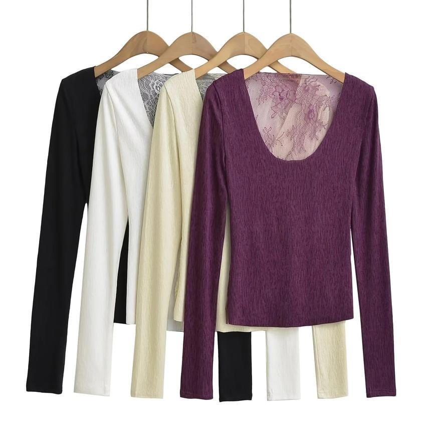 Long Sleeve Scoop Neck Plain Panel Lace Top Product Image