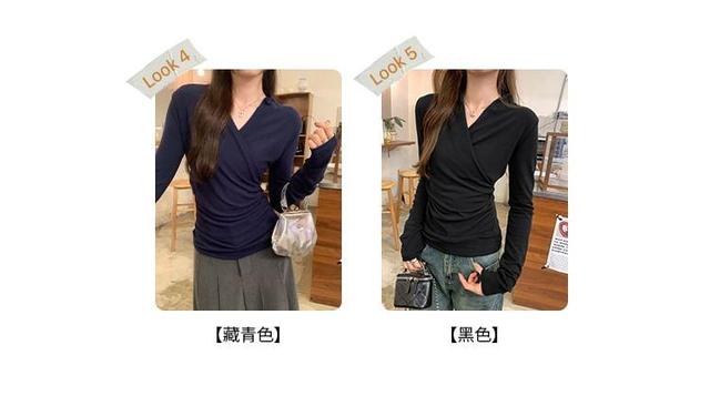 Long Sleeve V-Neck Plain Ruched Wrap T-Shirt Product Image