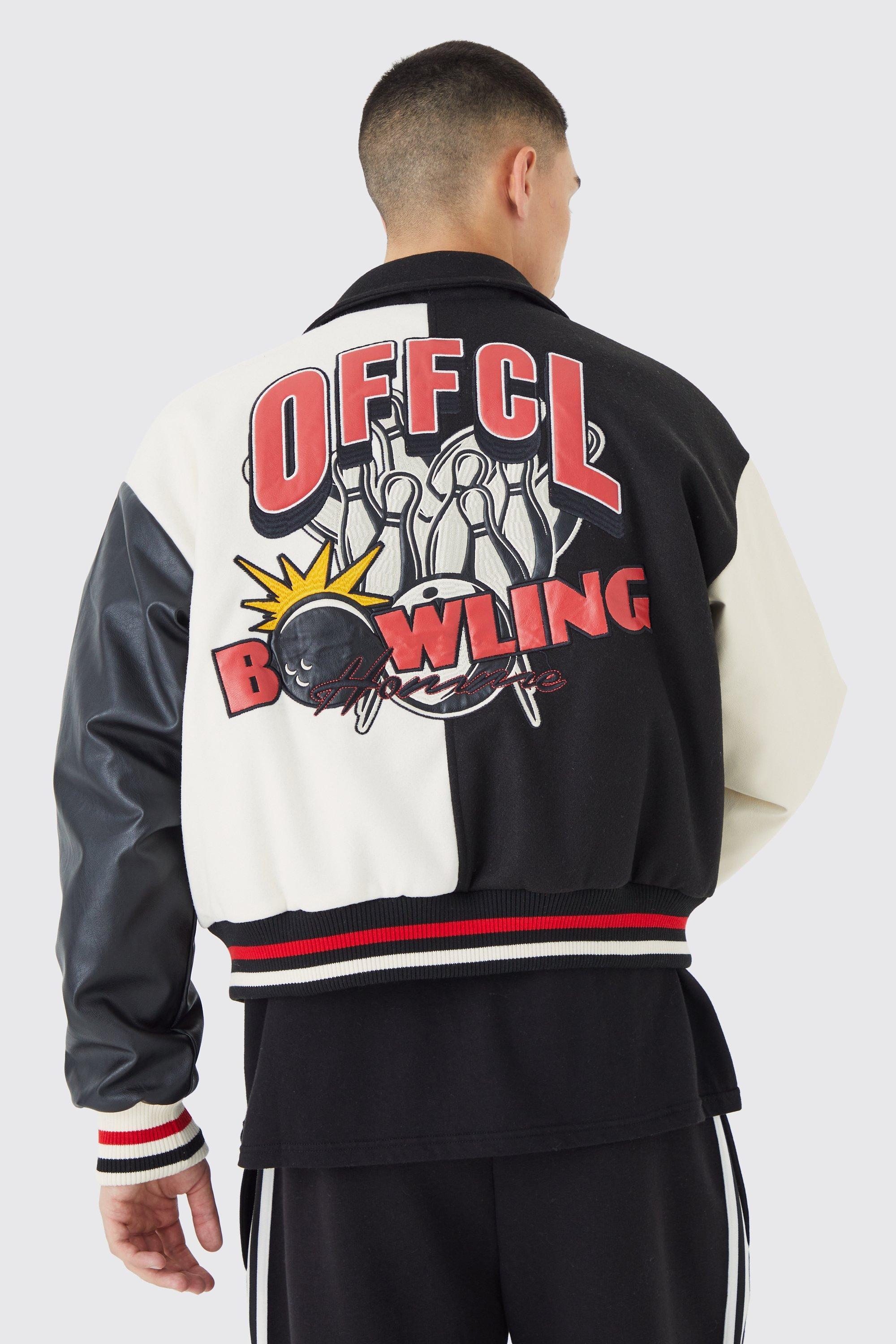 Boxy Spliced Melton & Pu Varsity Jacket | boohooMAN USA Product Image