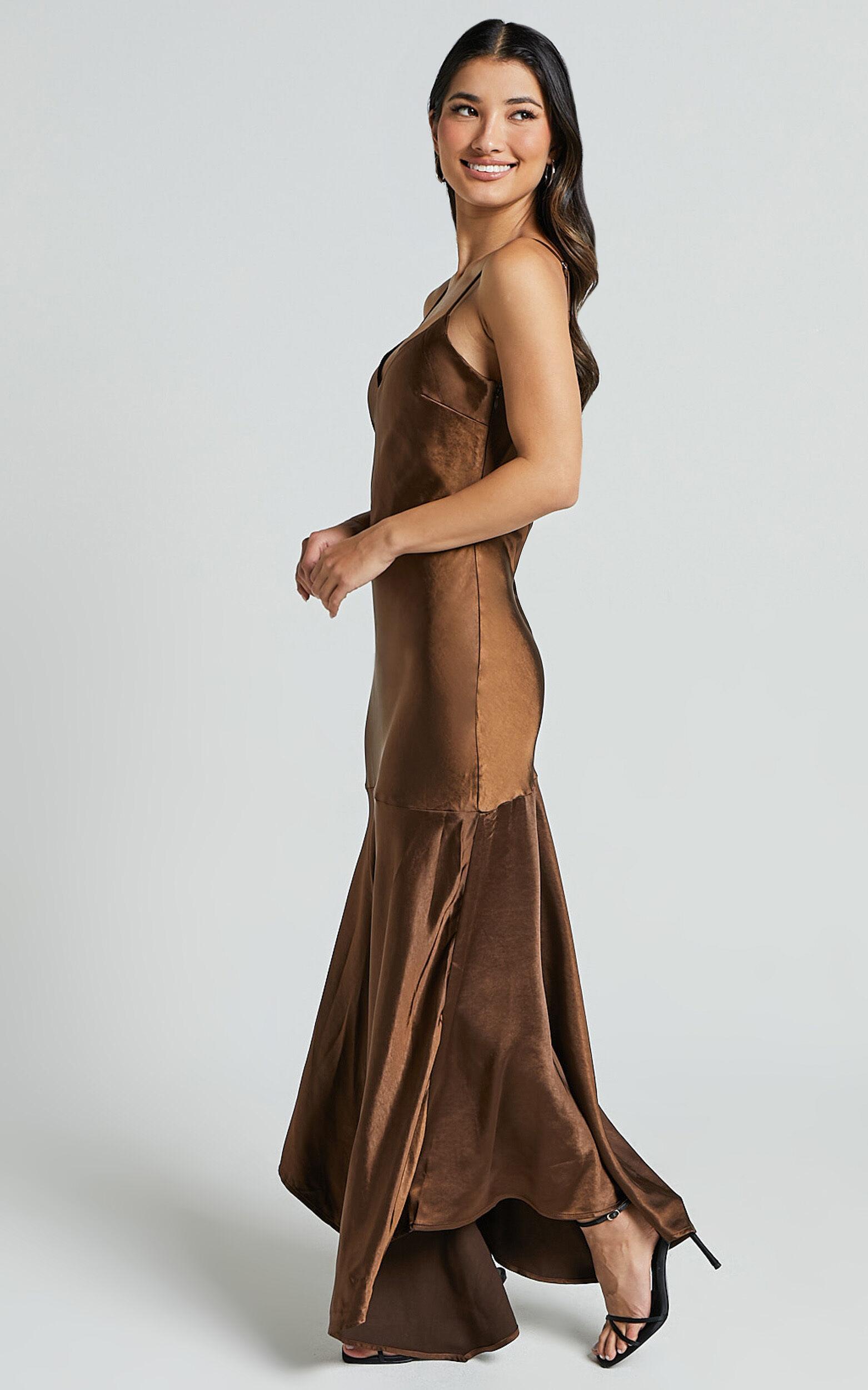 Etienne Midi Dress - Asymmetric Hem Satin Slip Dress in Chocolate Product Image