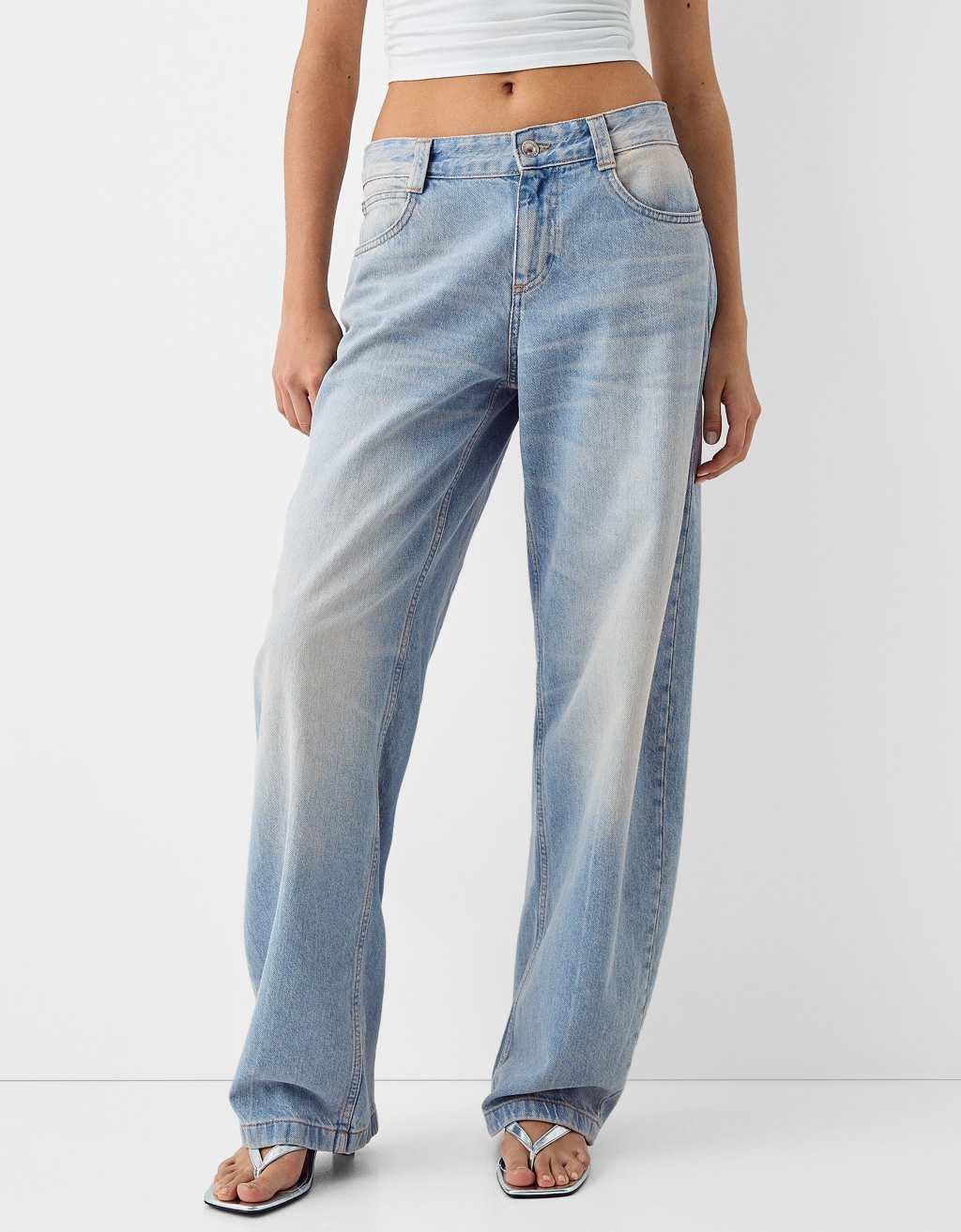 Bershka slouchy baggy jeans in light dirty wash blue Product Image