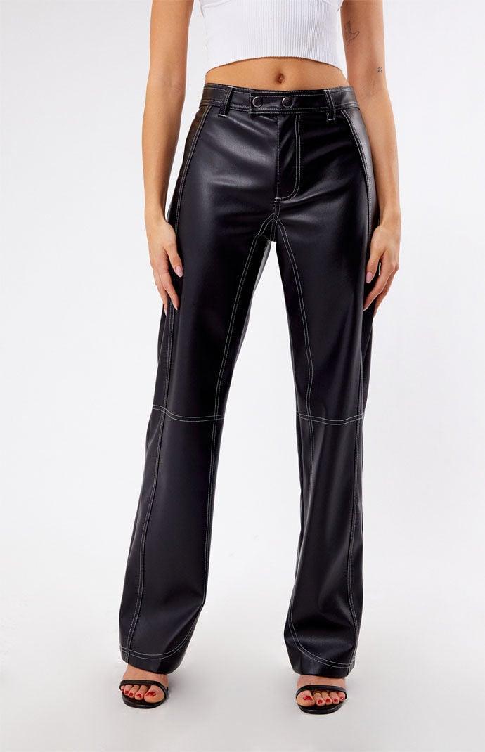 Women's Faux Leather Low Rise Straight Leg Pants in Black/White - Product Image