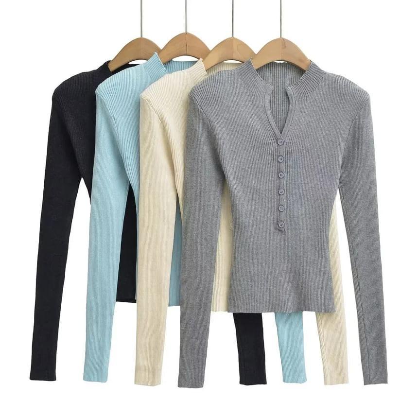 Long-Sleeve Half Buttoned Plain Knit Top Product Image