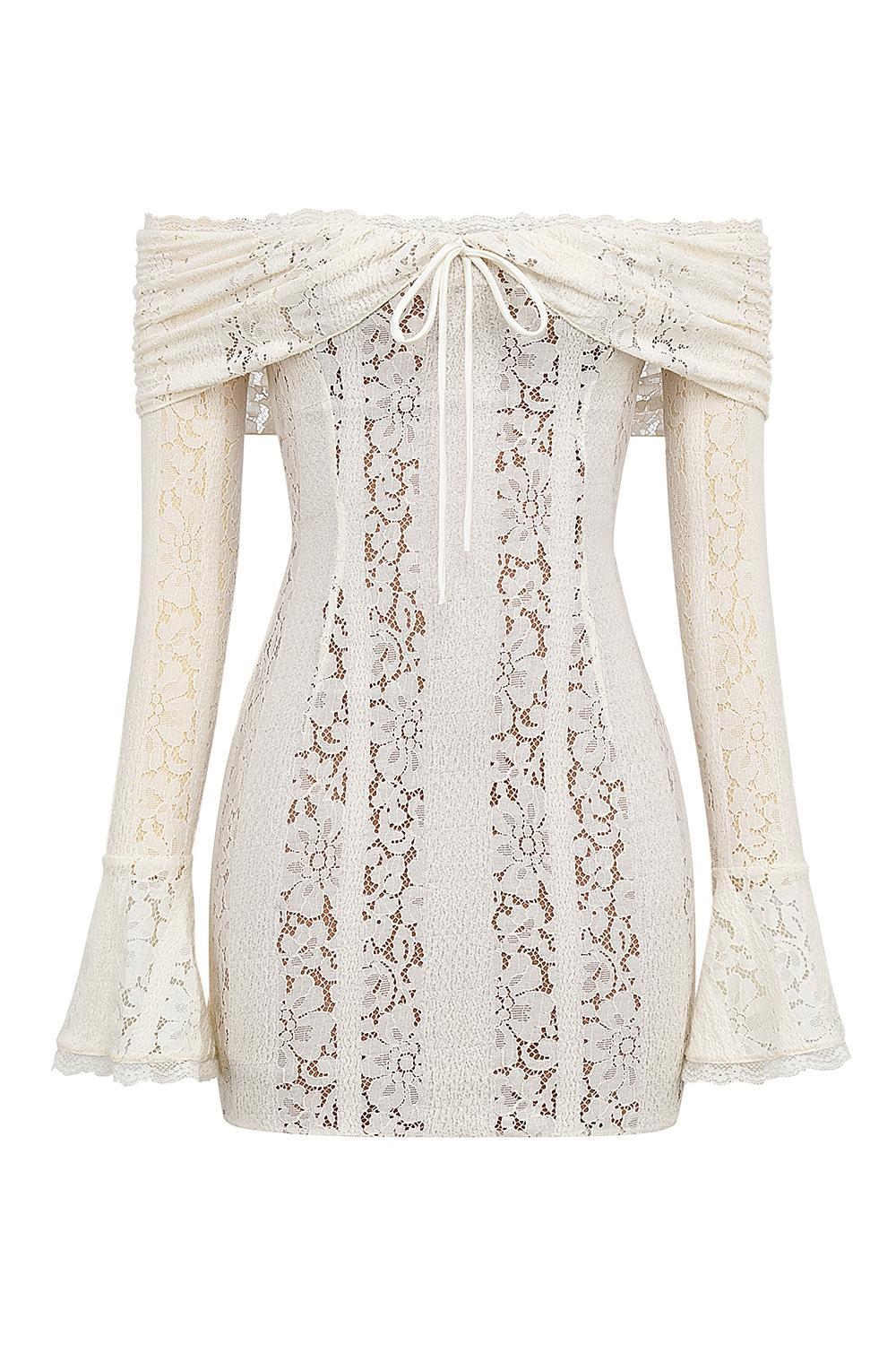 Sadie Vintage Cream Floral Lace Off Shoulder Mini Dress Product Image