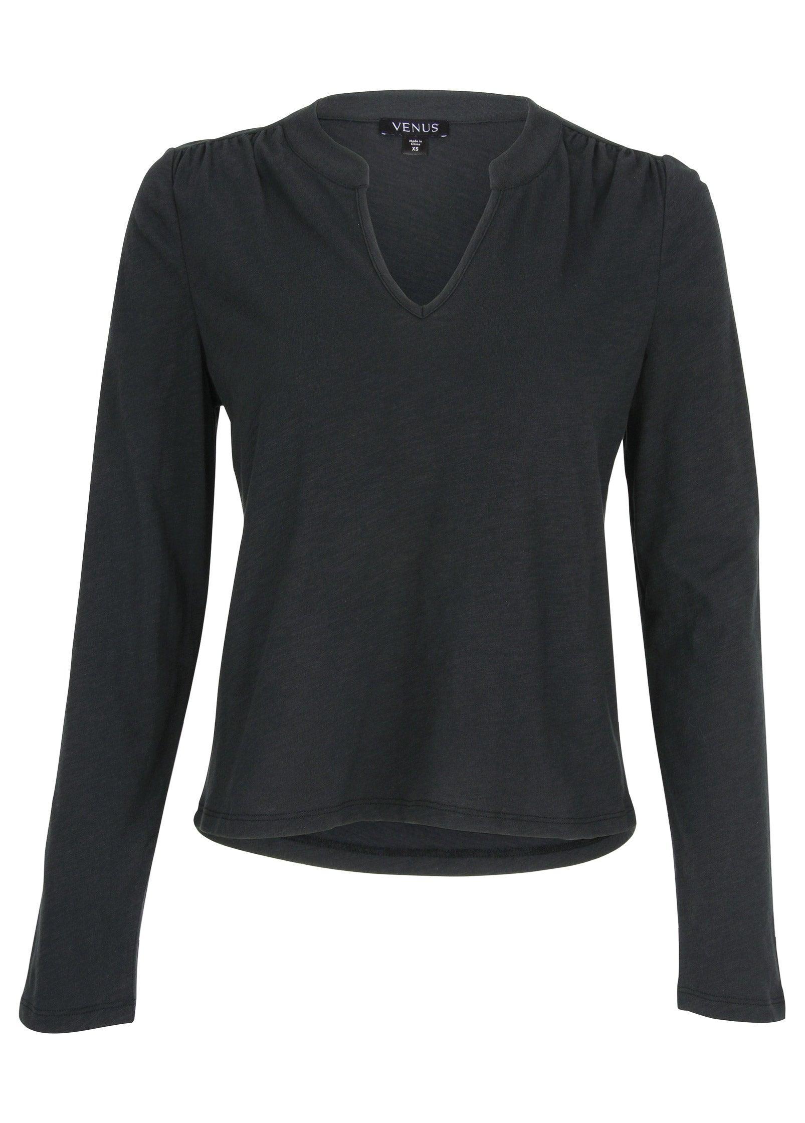 V-Neck Shirred Long Sleeve Top - Black product image