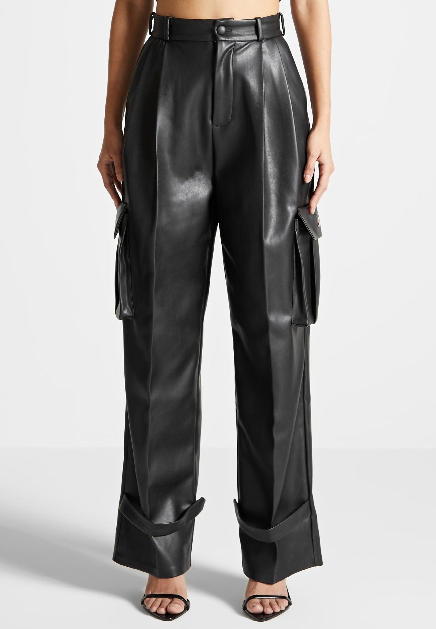 Vegan Leather Pleated Cargo Trousers - Black Female Product Image