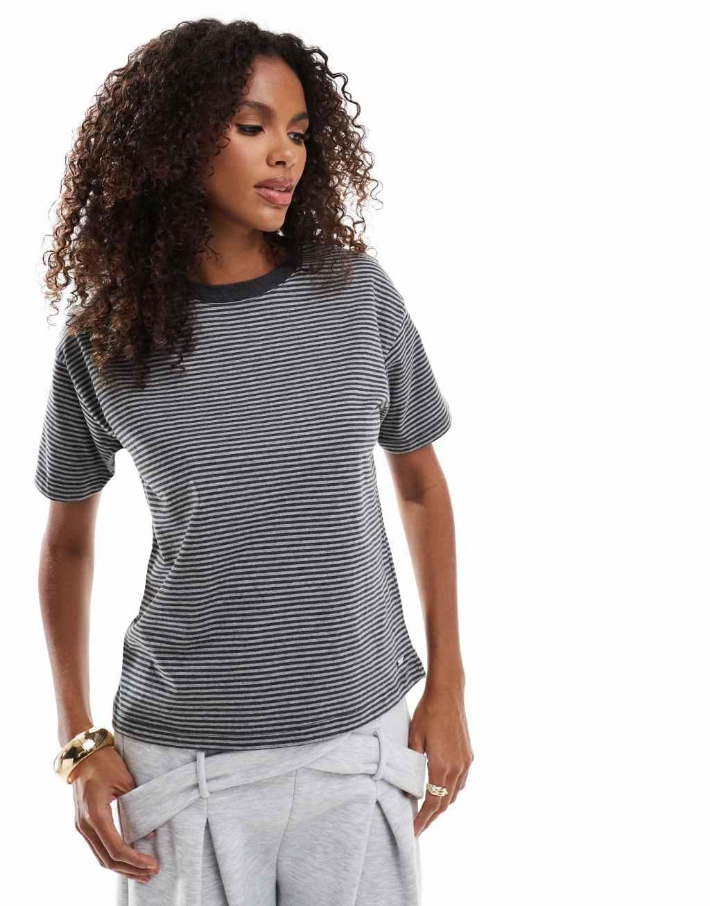 Pull&Bear striped boxy t-shirt in gray Product Image