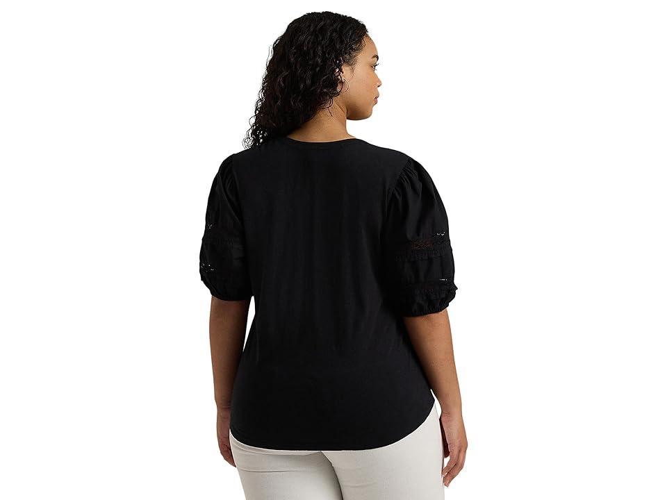 LAUREN Ralph Lauren Plus-Size Lace-Trim Jersey Puff-Sleeve Henley Tee Women's Clothing Product Image