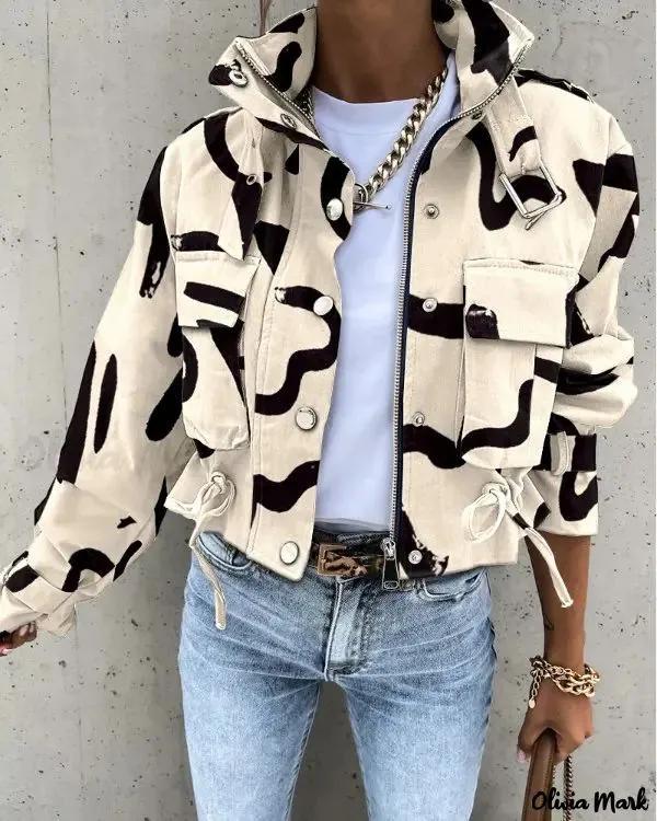 Olivia Mark – Abstract Print Long Sleeve Zip-Up Biker Jacket Product Image