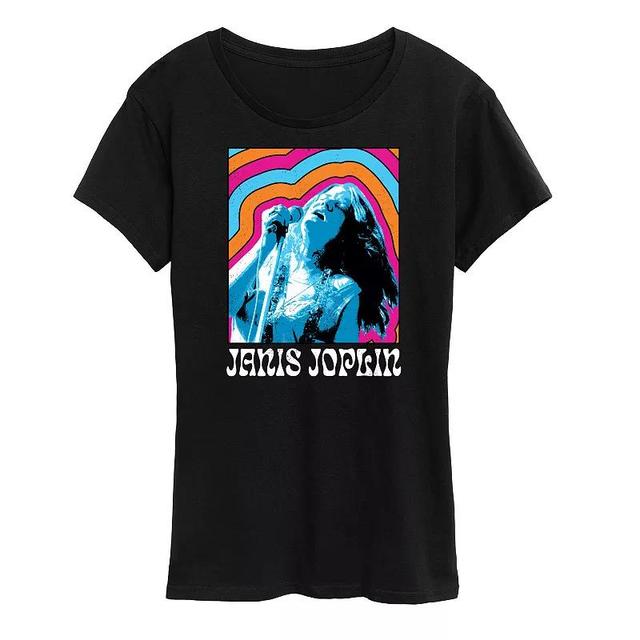 Womens Janis Joplin Retro Color Waves Graphic Tee Black Product Image