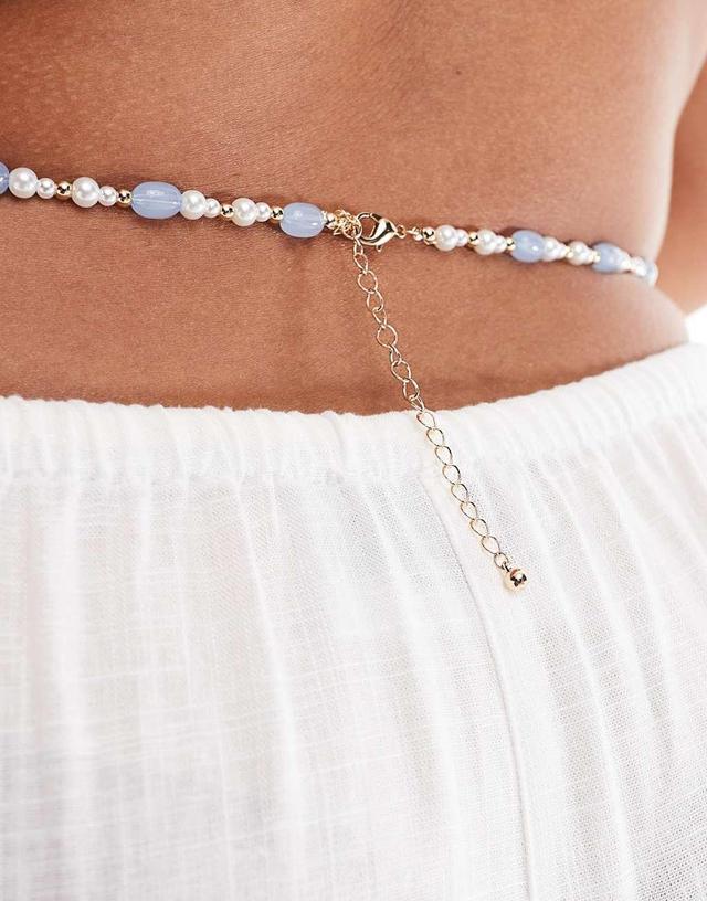 ASOS DESIGN Curve belly chain in faux pearl and blue bead design Product Image