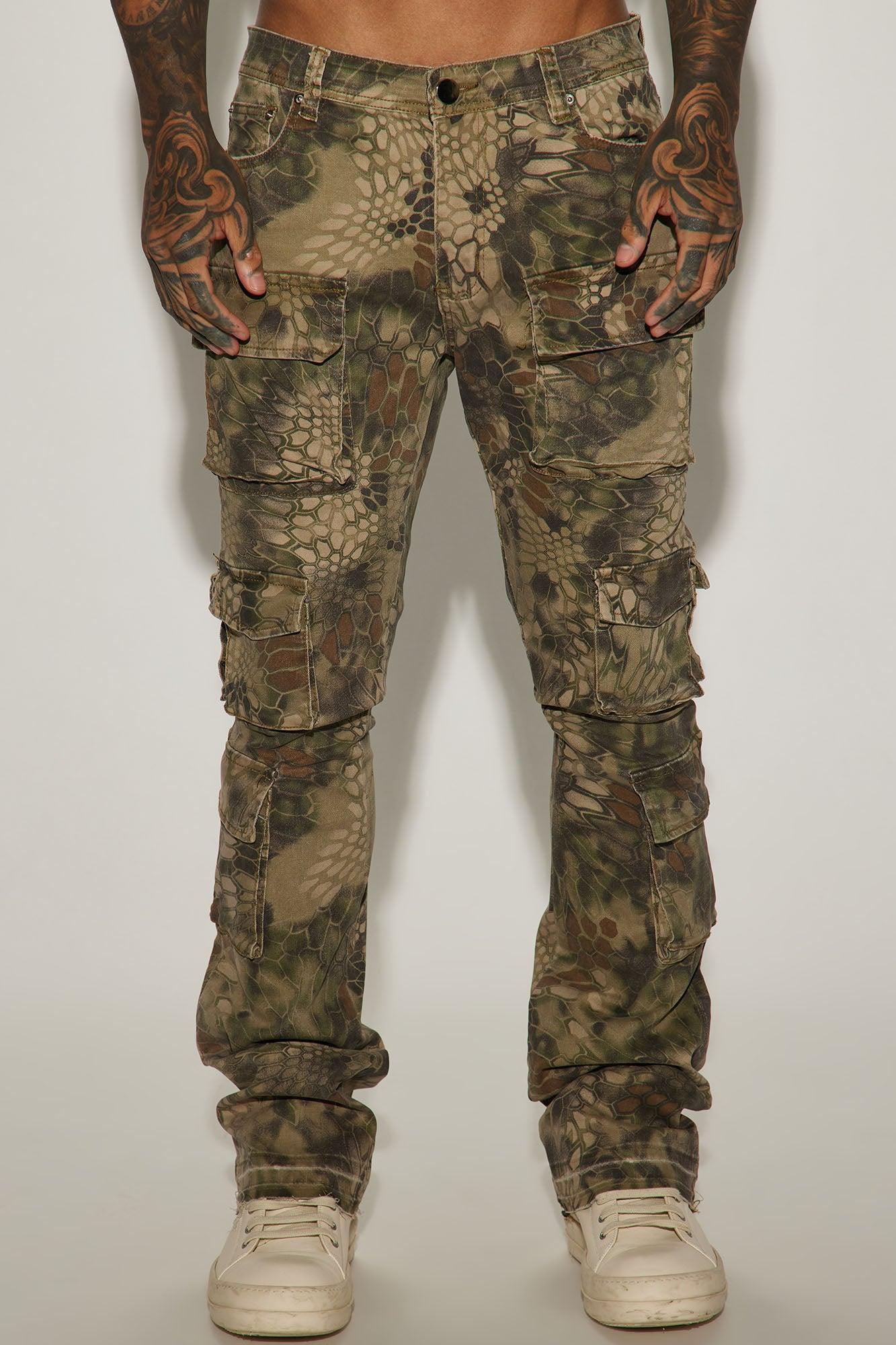 Three Cargo Stacked Skinny Flare Pants - Camouflage Product Image